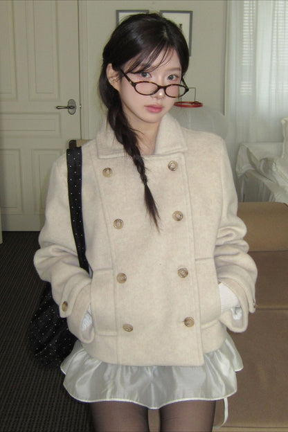 Vintage Preppy Fleece-Lined Wool Blend Short Coat