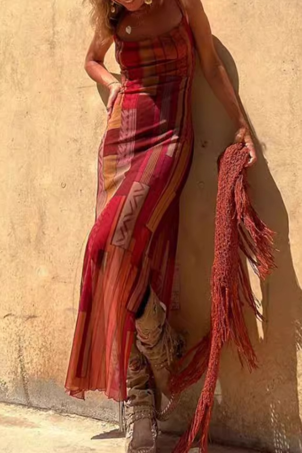 Sexy Sleeveless Printed Elastic Slit Suspender Mesh Dress