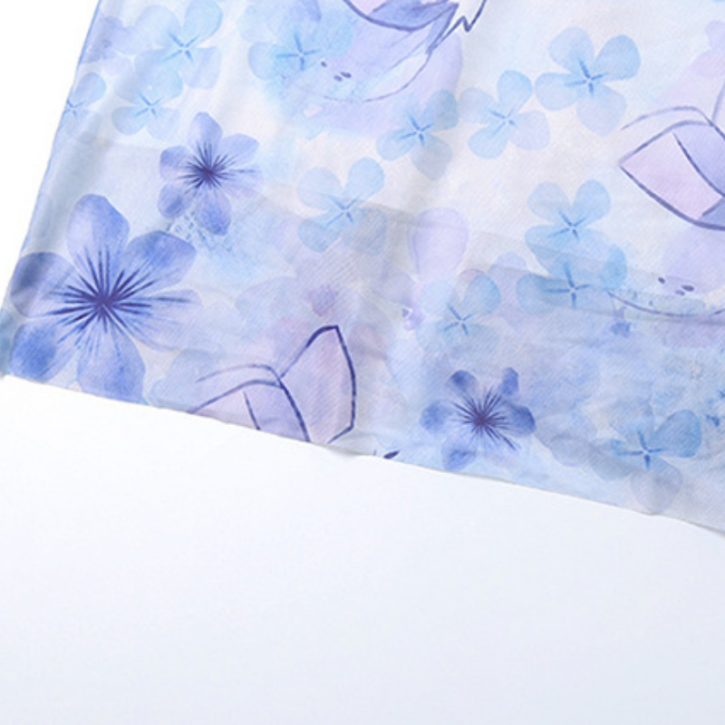 Ruched lace hem flower print slit maxi dress