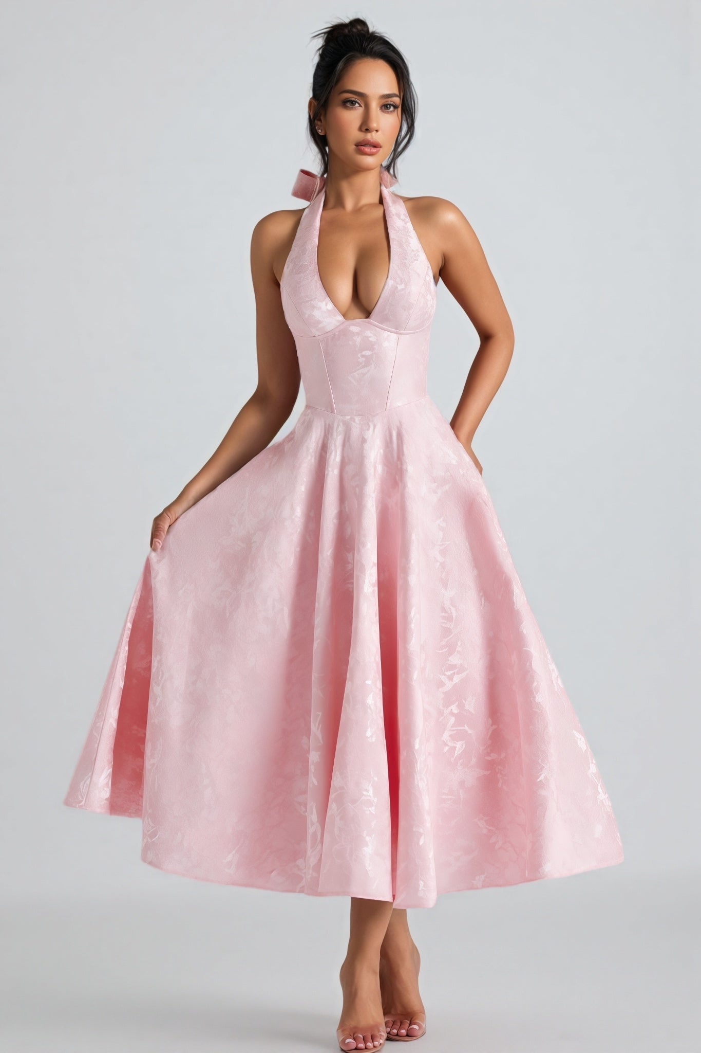 Kivrin Pink Tie Neck Midi Dress