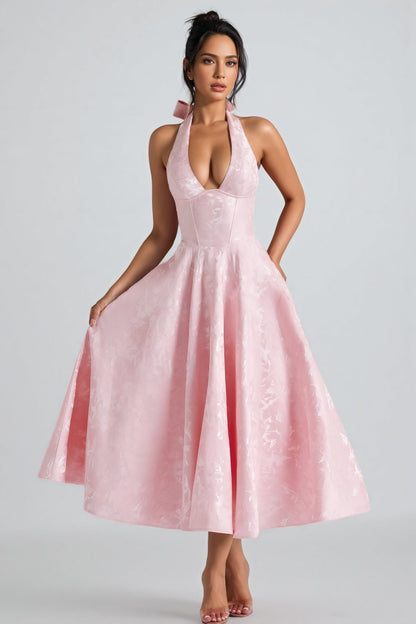 Kivrin Pink Tie Neck Midi Dress