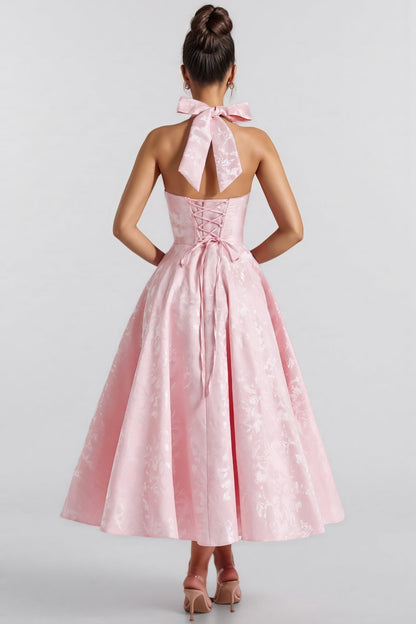 Kivrin Pink Tie Neck Midi Dress