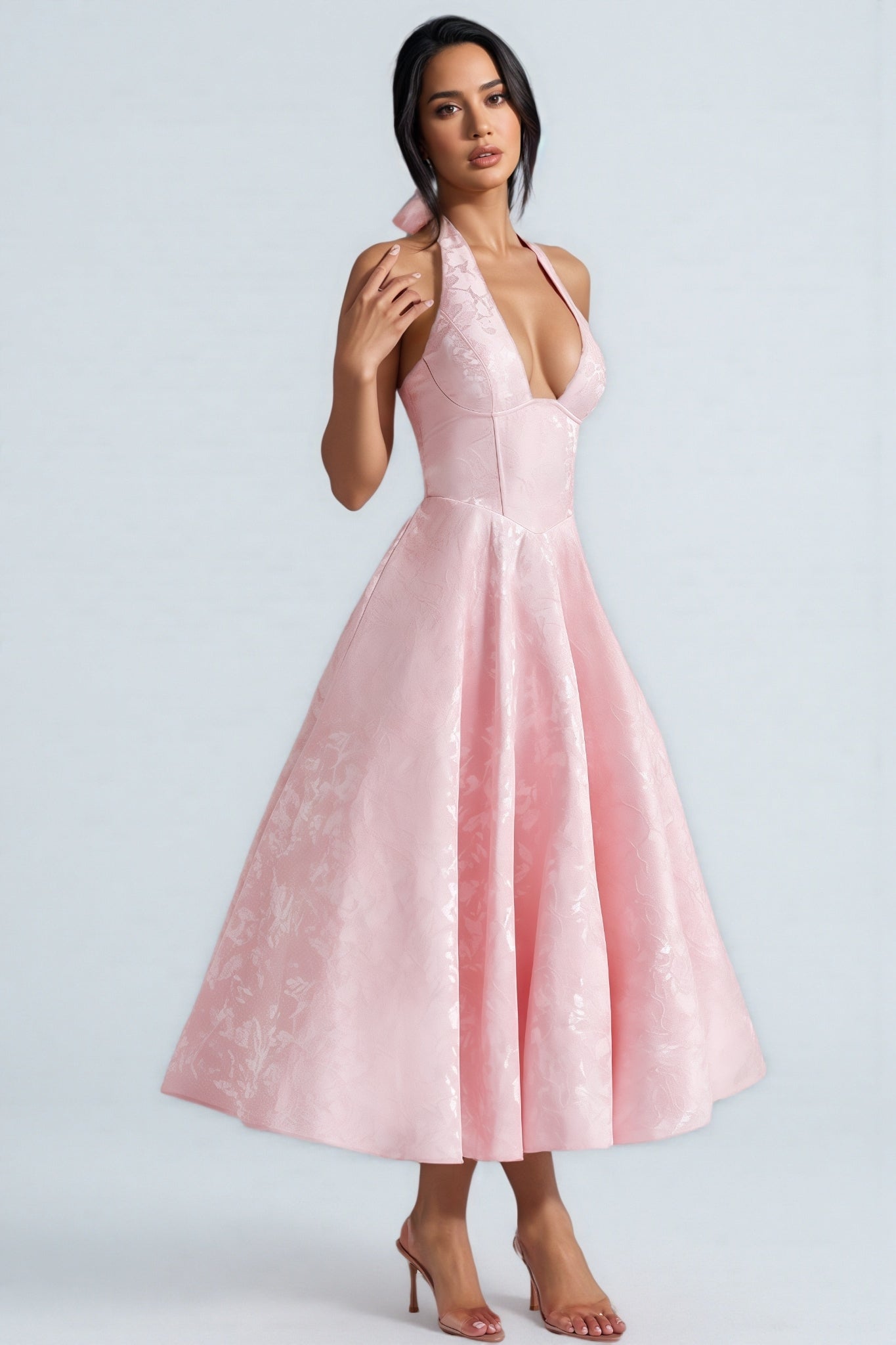Kivrin Pink Tie Neck Midi Dress