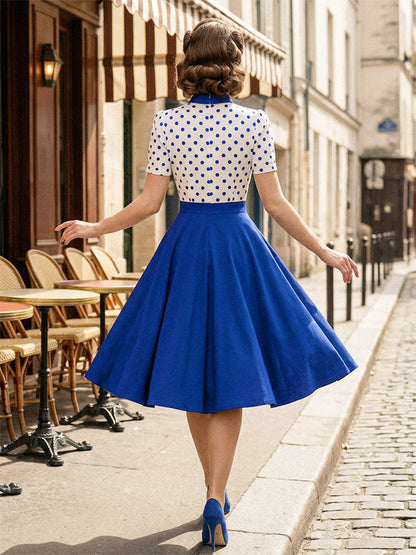 Polka Dot Patchwork Bow Tie Neck Short Sleeve Retro Swing Dress For Women 2026