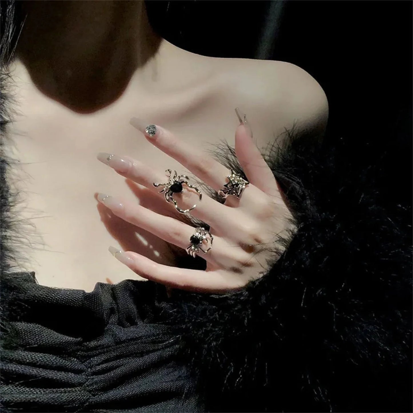 Electroplating Dark Heart Gothic Spider Web Ring