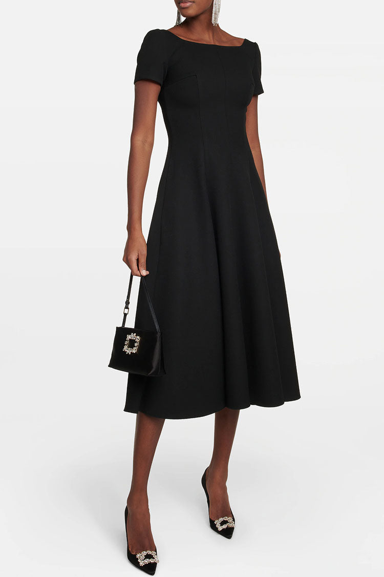 Boat Neck Short Sleeve Fit and Flare Cocktail Midi Dress