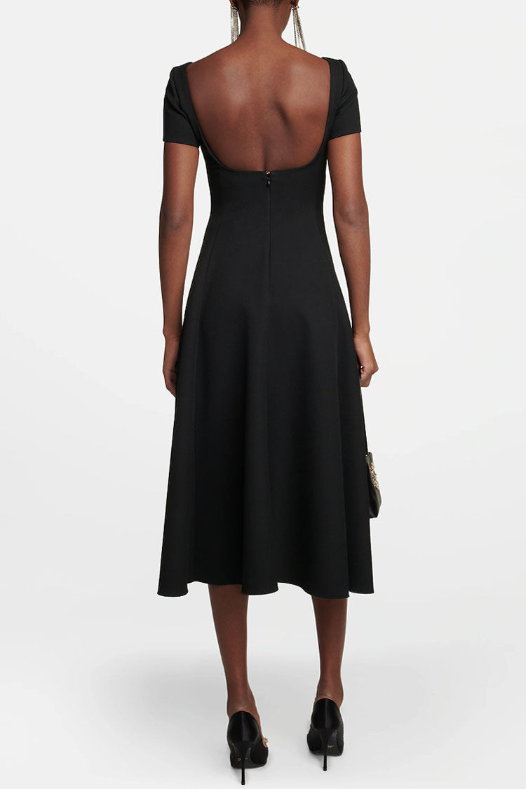 Boat Neck Short Sleeve Fit and Flare Cocktail Midi Dress