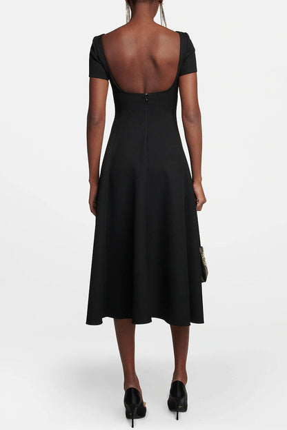 Boat Neck Short Sleeve Fit and Flare Cocktail Midi Dress