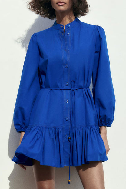 Mandarin Collar Button Front Bishop Sleeve Tie Waist Tiered Mini Shirt Dress
