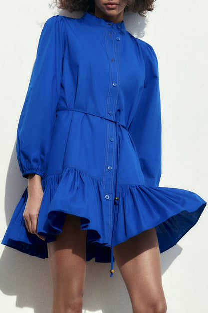Mandarin Collar Button Front Bishop Sleeve Tie Waist Tiered Mini Shirt Dress