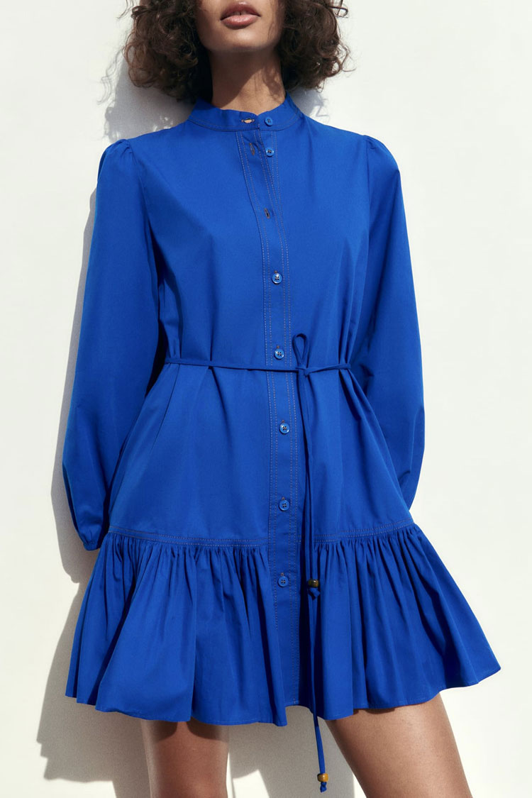 Mandarin Collar Button Front Bishop Sleeve Tie Waist Tiered Mini Shirt Dress