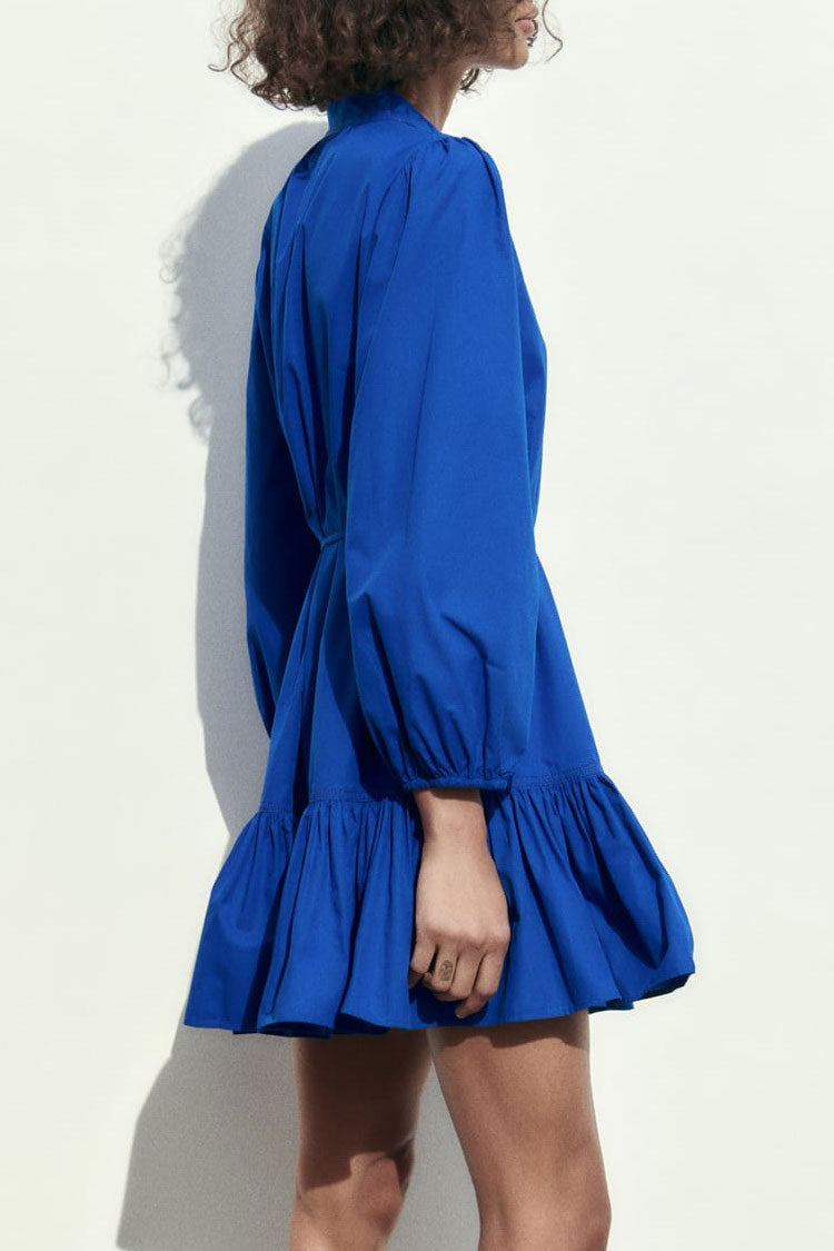 Mandarin Collar Button Front Bishop Sleeve Tie Waist Tiered Mini Shirt Dress