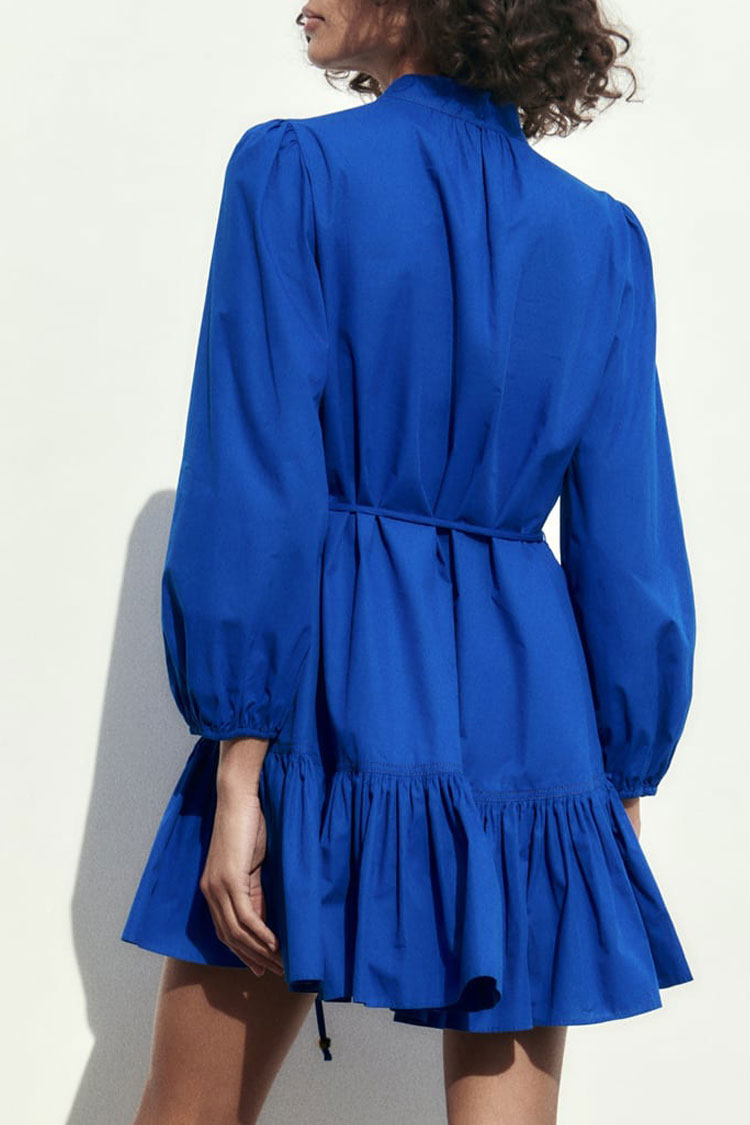 Mandarin Collar Button Front Bishop Sleeve Tie Waist Tiered Mini Shirt Dress