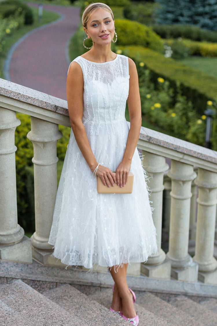 Beaded Embroidered Crew Neck Sleeveless Feather Trim Cocktail Midi Dress