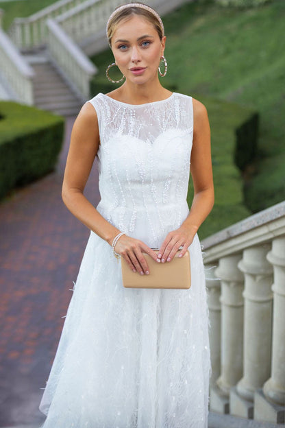 Beaded Embroidered Crew Neck Sleeveless Feather Trim Cocktail Midi Dress