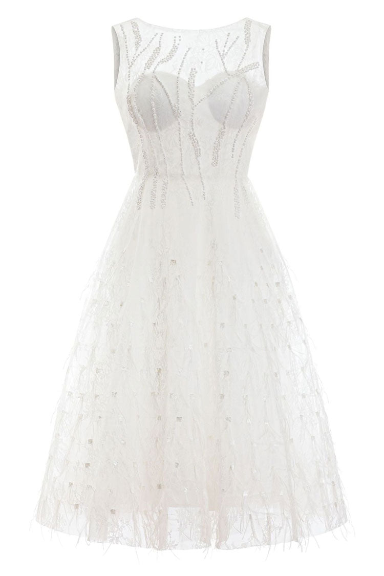 Beaded Embroidered Crew Neck Sleeveless Feather Trim Cocktail Midi Dress