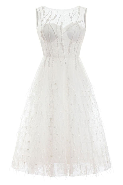Beaded Embroidered Crew Neck Sleeveless Feather Trim Cocktail Midi Dress