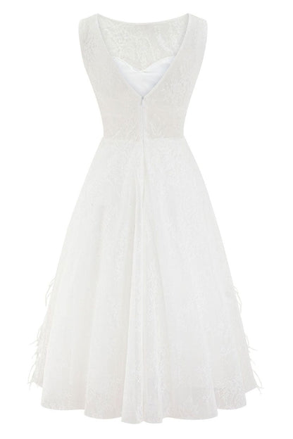 Beaded Embroidered Crew Neck Sleeveless Feather Trim Cocktail Midi Dress