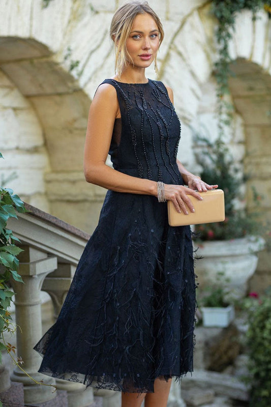 Beaded Embroidered Crew Neck Sleeveless Feather Trim Cocktail Midi Dress