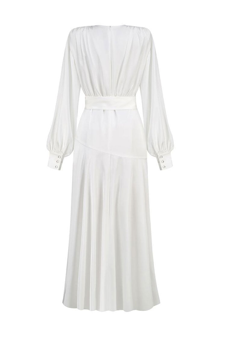 Satin Deep V Bishop Sleeve Waistband Draped High Split Maxi Gown