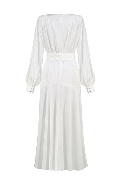 Satin Deep V Bishop Sleeve Waistband Draped High Split Maxi Gown