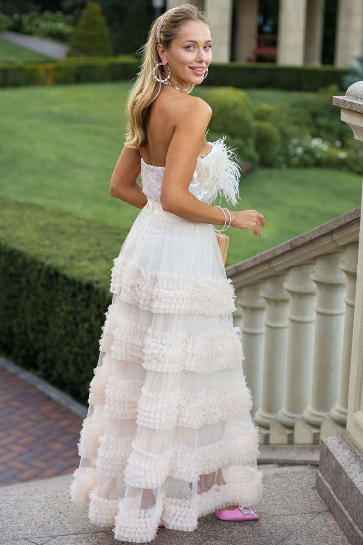Feather Trim Sequin Strapless Tiered Ruffle Tulle Belted Maxi Gown