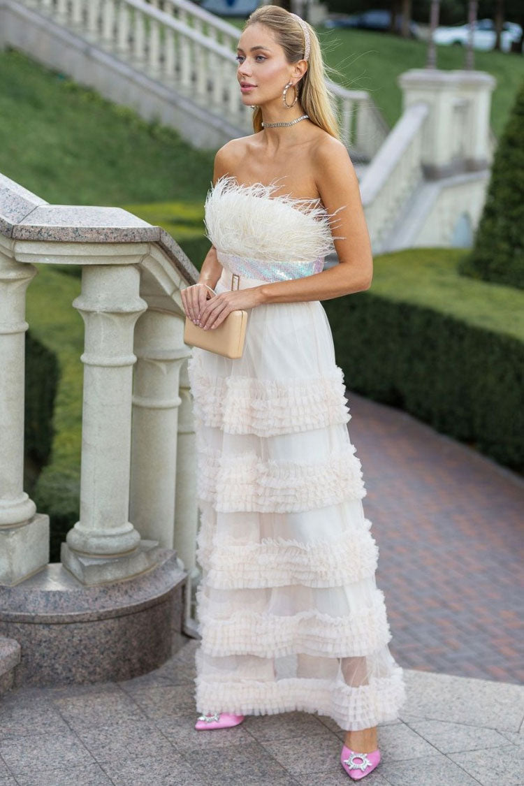 Feather Trim Sequin Strapless Tiered Ruffle Tulle Belted Maxi Gown
