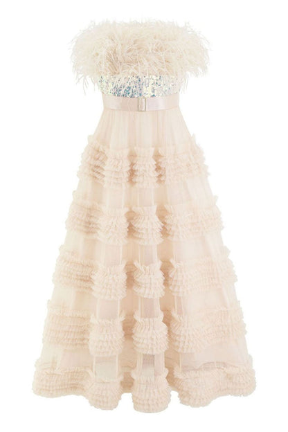 Feather Trim Sequin Strapless Tiered Ruffle Tulle Belted Maxi Gown