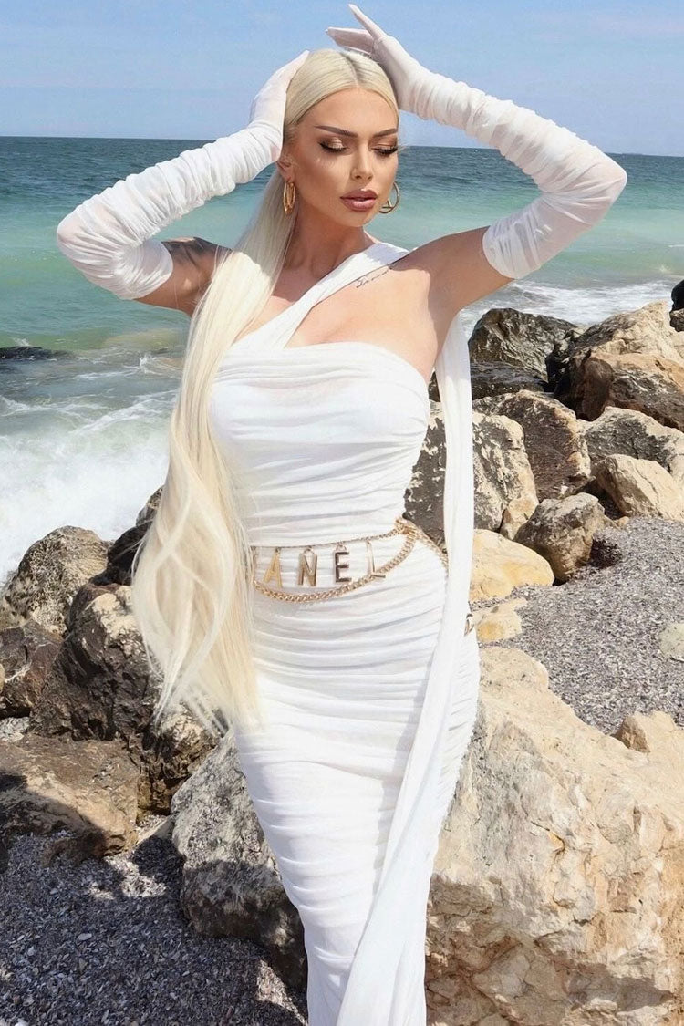 Strapless Ruched Mesh Opera Glove Choker Neck Wrap Column Maxi Gown