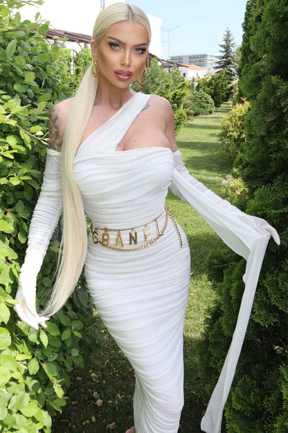 Strapless Ruched Mesh Opera Glove Choker Neck Wrap Column Maxi Gown