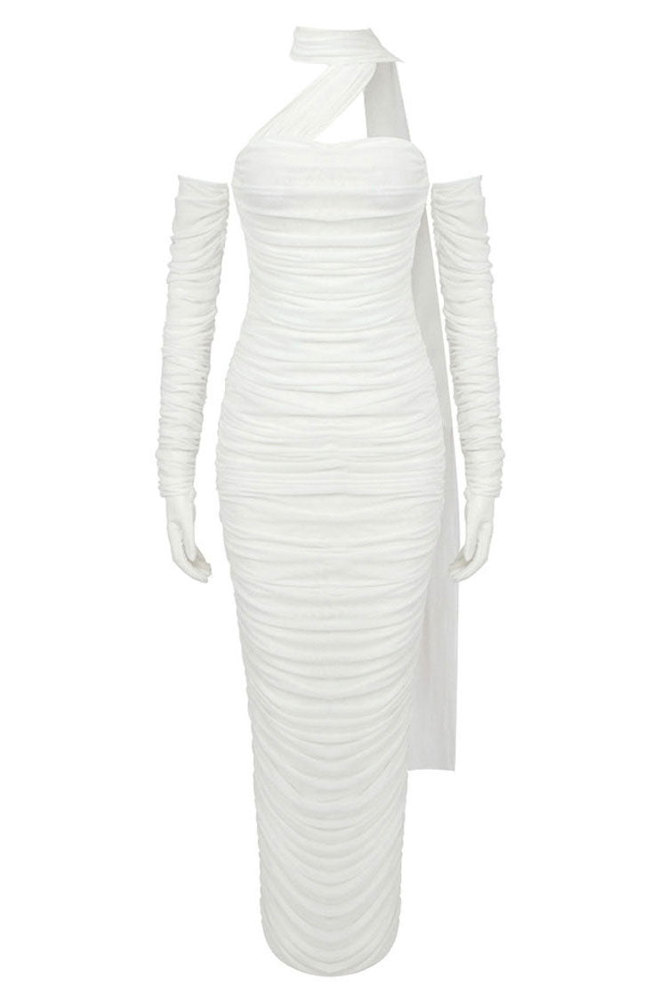Strapless Ruched Mesh Opera Glove Choker Neck Wrap Column Maxi Gown