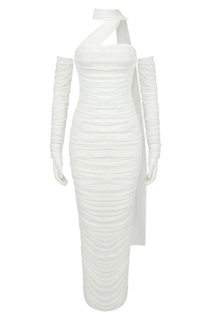 Strapless Ruched Mesh Opera Glove Choker Neck Wrap Column Maxi Gown