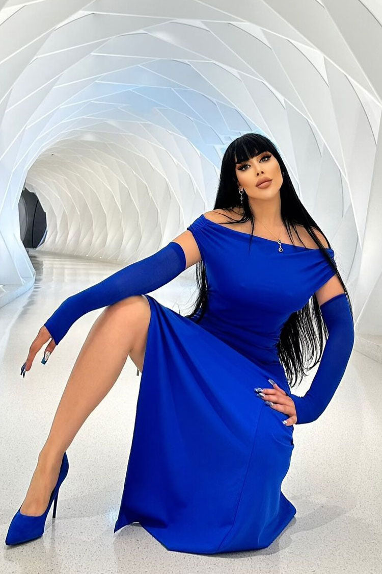 Off-Shoulder Ruched Side Slit Opera Glove Maxi Dress