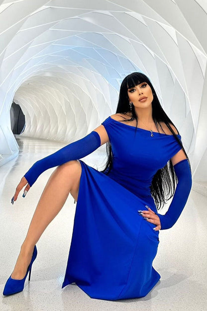 Off-Shoulder Ruched Side Slit Opera Glove Maxi Dress