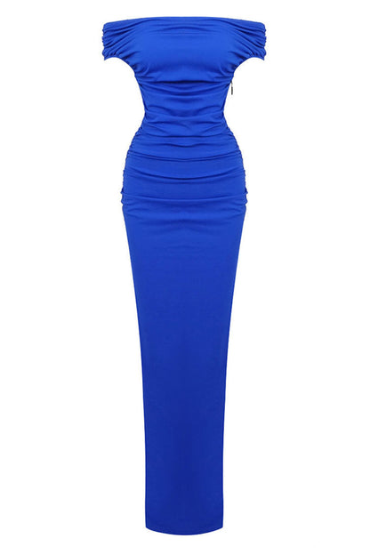 Off-Shoulder Ruched Side Slit Opera Glove Maxi Dress