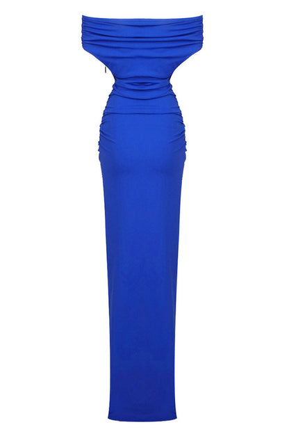 Off-Shoulder Ruched Side Slit Opera Glove Maxi Dress