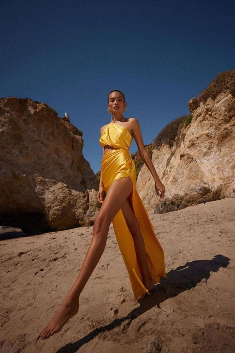 One Shoulder Cutout High Slit Draped Satin Maxi Dress