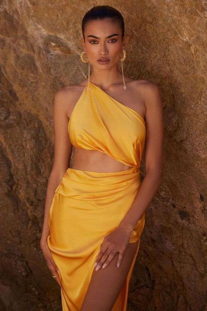 One Shoulder Cutout High Slit Draped Satin Maxi Dress