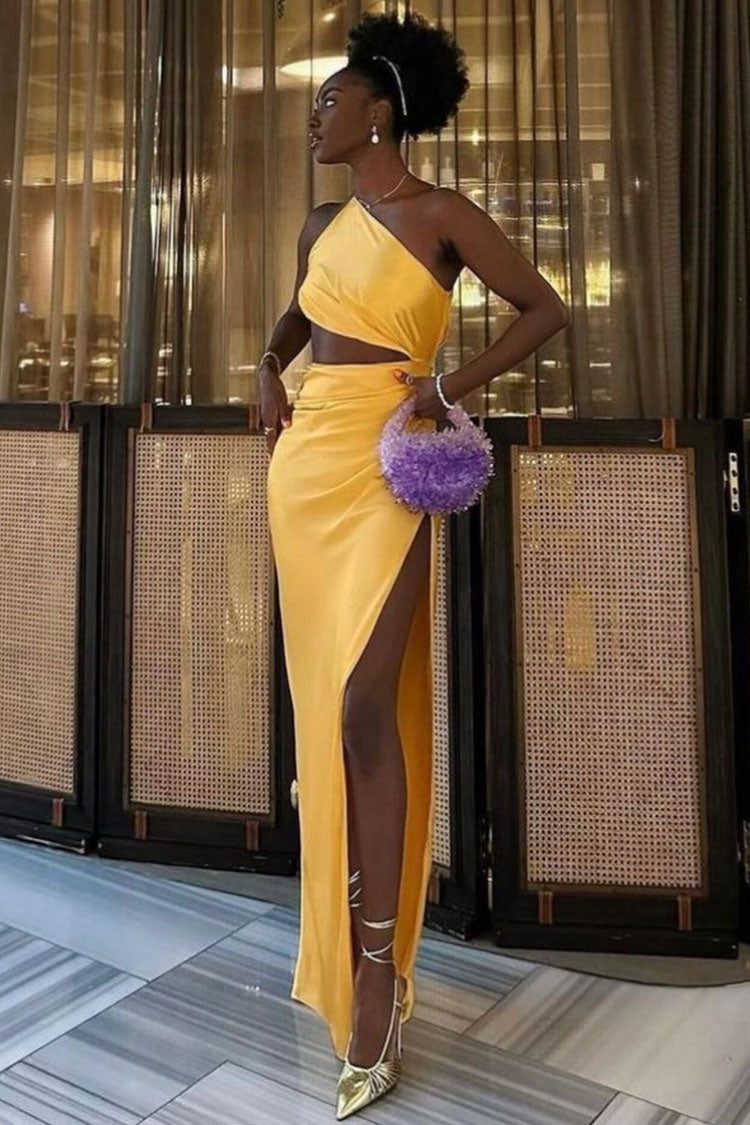 One Shoulder Cutout High Slit Draped Satin Maxi Dress