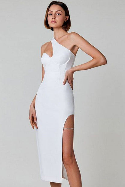 One-Shoulder Corset Bust Cutout High Slit Rhinestone Garter Midi Dress