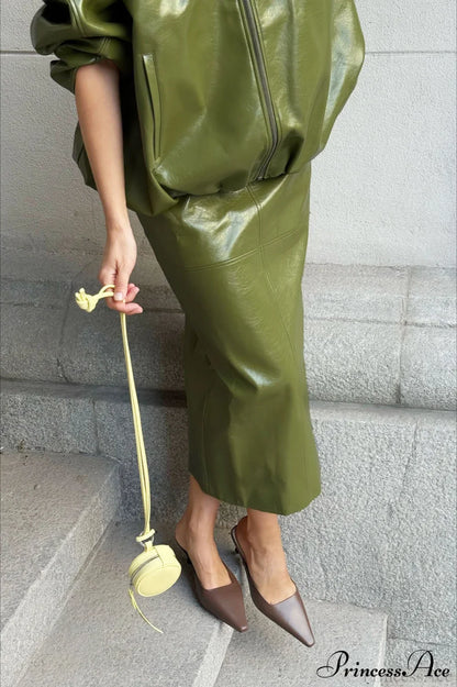 Elegant PU Leather Midi Slit Skirt