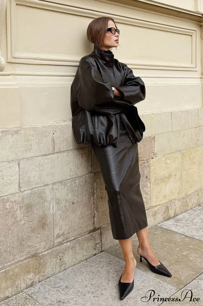 Elegant PU Leather Midi Slit Skirt