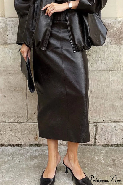 Elegant PU Leather Midi Slit Skirt