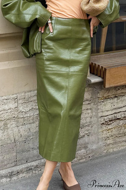 Elegant PU Leather Midi Slit Skirt