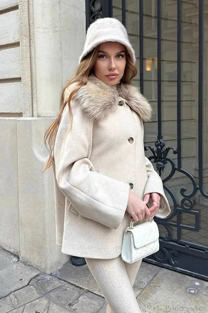 Elegant Relaxed Faux Fur Collar Single-Breasted Coat