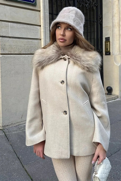 Elegant Relaxed Faux Fur Collar Single-Breasted Coat