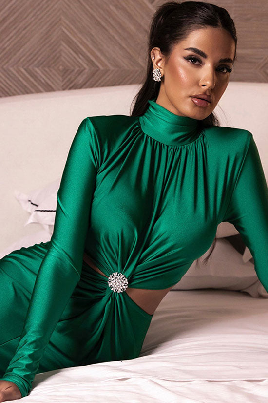 Rhinestone Twist Cut Out Waist Ruched Long Sleeve Bodycon Cocktail Midi Dress