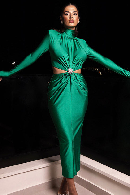 Rhinestone Twist Cut Out Waist Ruched Long Sleeve Bodycon Cocktail Midi Dress