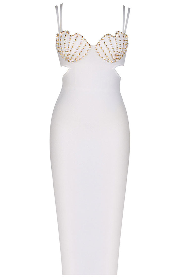 Seashell Pearl Embellished Sweetheart Cutout Side Waist Bandage Midi Dress