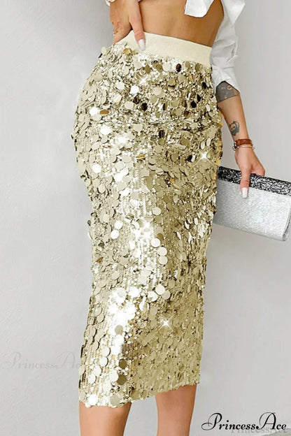Elegant Sequin High-Waist Bodycon Midi Skirt